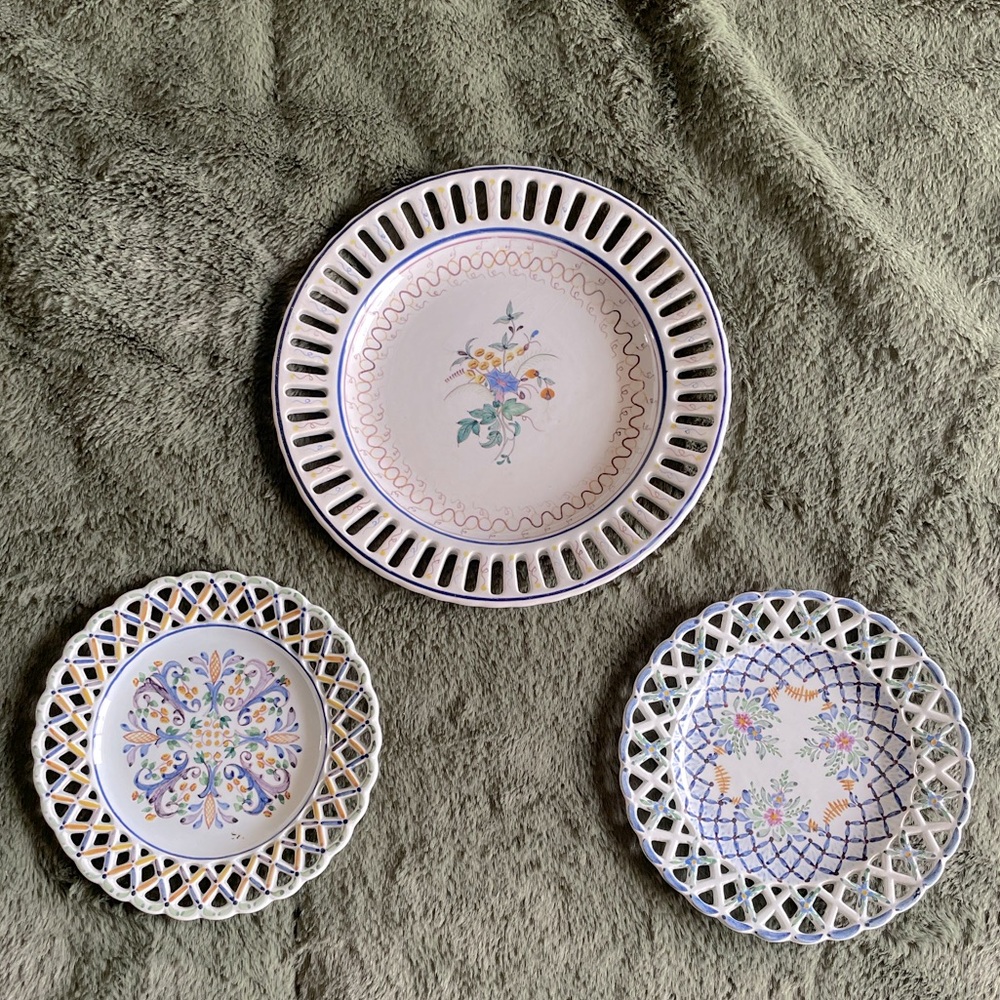Vintage Set (3) Carvalhinho Porto cottage core wall art lattice pottery